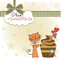 Image showing birthday greeting card with cupcake and cat