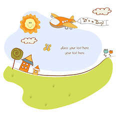 Image showing new baby announcement card with airplane