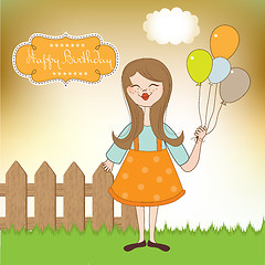 Image showing Funny girl with balloon, birthday greeting card