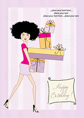 Image showing birthday card - pretty young lady with arms full of gifts