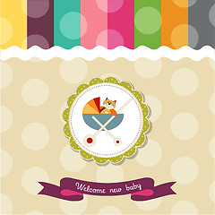 Image showing funny baby shower card with pram and cat toy