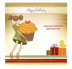 Image showing Happy Birthday card with girl and cup cake