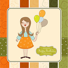 Image showing Funny girl with balloon, birthday greeting card