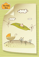 Image showing little boy sleeping in a pea been, baby announcement card