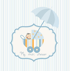 Image showing baby boy announcement card with baby and pram