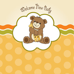 Image showing baby shower card with teddy bear and his toy