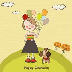 Image showing Funny girl with balloon, birthday greeting card