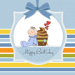 Image showing birthday greeting card with cupcake and little baby