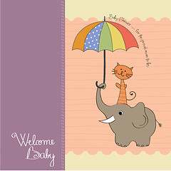 Image showing baby shower card with funny elephant and little cat under umbrel