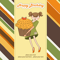 Image showing Happy Birthday card with girl and cup cake