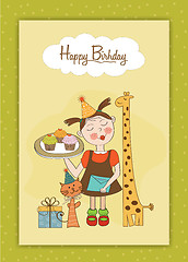 Image showing Happy Birthday card with funny girl, animals and cupcakes