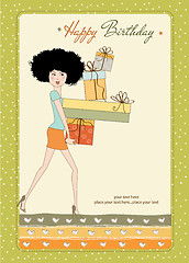 Image showing birthday card - pretty young lady with arms full of gifts