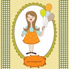 Image showing Funny girl with balloon, birthday greeting card