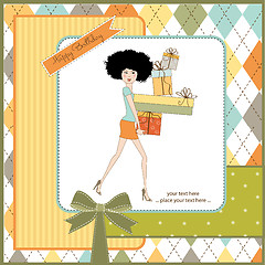 Image showing birthday card - pretty young lady with arms full of gifts