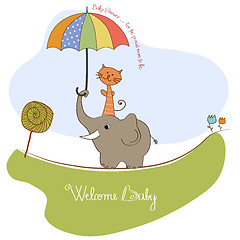 Image showing baby shower card with funny elephant and little cat under umbrel