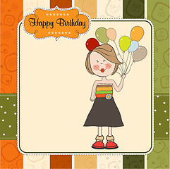 Image showing Funny girl with balloon, birthday greeting card