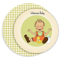 Image showing baby boy playing with his duck toy, welcome baby card