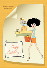 Image showing birthday card - pretty young lady with arms full of gifts