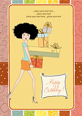 Image showing birthday card - pretty young lady with arms full of gifts