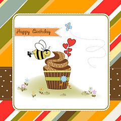 Image showing birthday greeting card with cupcake and funny bee