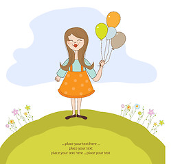 Image showing Funny girl with balloon, birthday greeting card