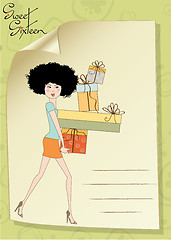 Image showing birthday card - pretty young lady with arms full of gifts