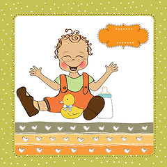 Image showing baby boy playing with his duck toy, welcome baby card