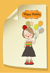 Image showing Funny girl with balloon, birthday greeting card