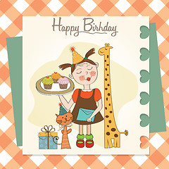 Image showing Happy Birthday card with funny girl, animals and cupcakes