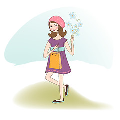 Image showing pretty girl with gift and flowers. birthday card