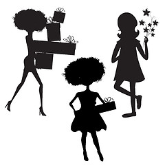 Image showing set of three girls silhouettes at birthday party isolated on whi