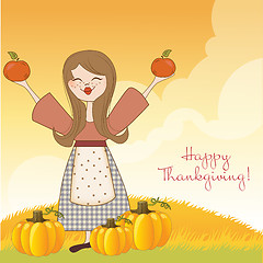 Image showing autumn girl with apples and pumpkins