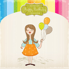 Image showing Funny girl with balloon, birthday greeting card