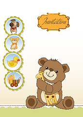 Image showing childish greeting card with teddy bear and his toy