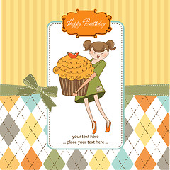 Image showing Happy Birthday card with girl and cup cake