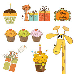 Image showing set of cupcake and other bithday items isolated on white backgro