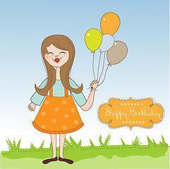 Image showing Funny girl with balloon, birthday greeting card