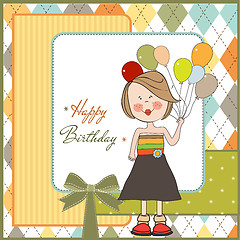 Image showing Funny girl with balloon, birthday greeting card