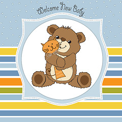 Image showing baby shower card with teddy bear and his toy