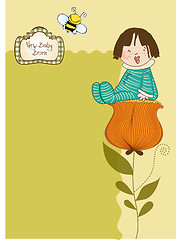 Image showing greeting card with a baby sitting on a flower