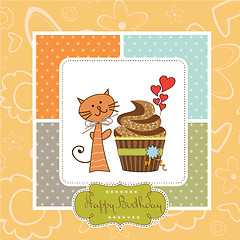 Image showing birthday greeting card with cupcake and cat