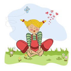 Image showing romantic girl sitting barefoot in the grass