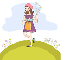 Image showing pretty girl with gift and flowers. birthday card