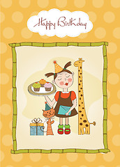 Image showing Happy Birthday card with funny girl, animals and cupcakes