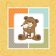 Image showing childish greeting card with teddy bear and his toy