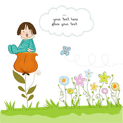 Image showing greeting card with a baby sitting on a flower