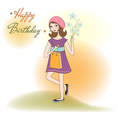 Image showing pretty girl with gift and flowers. birthday card