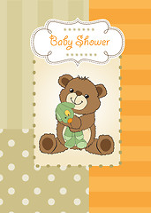 Image showing baby shower card with teddy bear and his toy