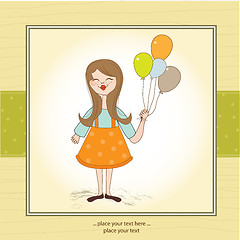 Image showing Funny girl with balloon, birthday greeting card