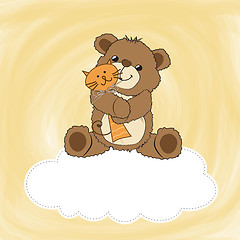 Image showing childish greeting card with teddy bear and his toy